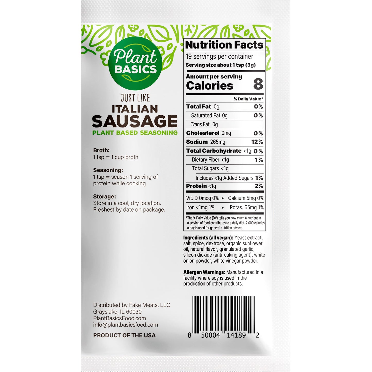 Plant Based Seasoning - Just Like Italian Sausage, 2 oz. pouch